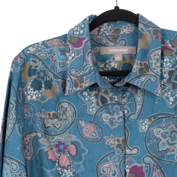 Croft & Barrow Paisley Button Up Shirt L Womens Teal Microfiber Collared - Picture 2 of 6